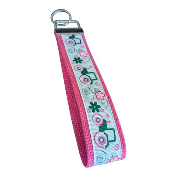 Tractor Keychain Wristlet Handmade Fabric Key FOB Floral Farmer Farm Pink Green - Picture 7 of 7